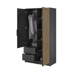 Bamberg Mirrored Hinged Door Wooden Wardrobe with 2 Doors 2 Drawer in Graphite & Lamella Artisan - Furniture One Shop