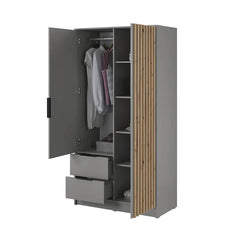 Bamberg Hinged Door Wooden Wardrobe with 2 Doors 2 Drawer in Grey & Lamella Artisan - Furniture One Shop