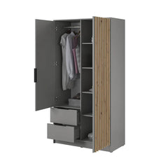 Bamberg Mirrored Hinged Door Wooden Wardrobe with 2 Doors 2 Drawer in Grey & Lamella Artisan - Furniture One Shop