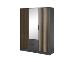 Bamberg Mirrored Hinged Door Wooden Wardrobe with 3 Doors 2 Drawer in Graphite & Lamella Artisan - Furniture One Shop