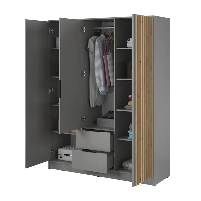 Bamberg Hinged Door Wooden Wardrobe with 3 Doors 2 Drawer in Grey & Lamella Artisan - Furniture One Shop