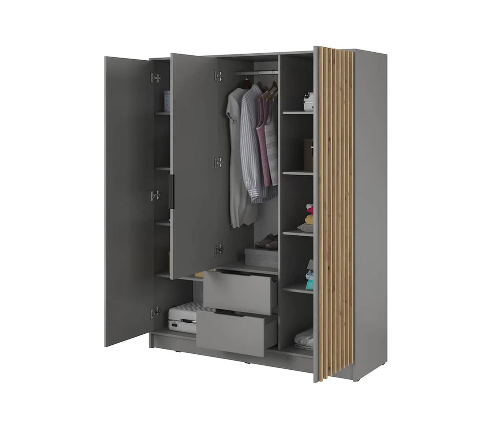 Bamberg Mirrored Hinged Door Wooden Wardrobe with 3 Doors 2 Drawer in Grey & Lamella Artisan - Furniture One Shop
