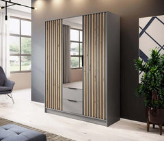Bamberg Mirrored Hinged Door Wooden Wardrobe with 3 Doors 2 Drawer in Grey & Lamella Artisan - Furniture One Shop