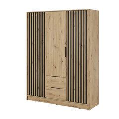 Bamberg Hinged Door Wooden Wardrobe with 3 Doors 2 Drawer in Oak Artisan & Lamella Black - Furniture One Shop