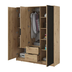 Bamberg Hinged Door Wooden Wardrobe with 3 Doors 2 Drawer in Oak Artisan & Lamella Black - Furniture One Shop