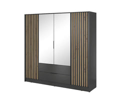 Bamberg Mirrored Hinged Door Wooden Wardrobe with 4 Doors 2 Drawer in Graphite & Lamella Artisan - Furniture One Shop