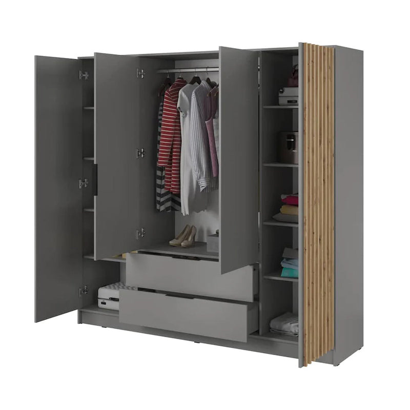 Bamberg Hinged Door Wooden Wardrobe with 4 Doors 2 Drawer in Grey & Lamella Artisan - Furniture One Shop