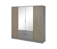 Bamberg Mirrored Hinged Door Wooden Wardrobe with 4 Doors 2 Drawer in Grey & Lamella Artisan - Furniture One Shop