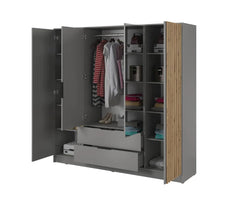Bamberg Mirrored Hinged Door Wooden Wardrobe with 4 Doors 2 Drawer in Grey & Lamella Artisan - Furniture One Shop