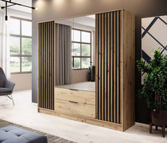 Bamberg Mirrored Hinged Door Wooden Wardrobe with 4 Doors 2 Drawer in Oak Artisan & Lamella Black - Furniture One Shop