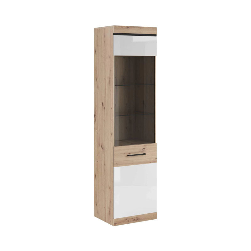 Nelly Wooden Tall Display Cabinet in Oak Artisan and White High Gloss - Furniture One Shop