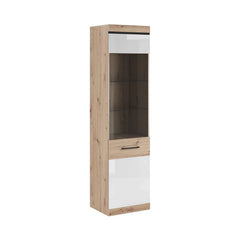 Nelly Wooden Tall Display Cabinet in Oak Artisan and White High Gloss - Furniture One Shop