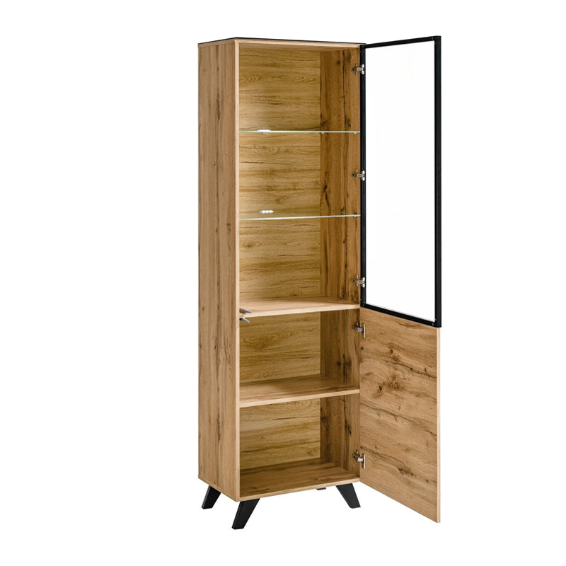 Thin Wooden Tall Display Cabinet in Oak Wotan - Furniture One Shop