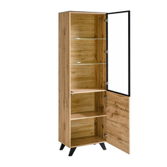 Thin Wooden Tall Display Cabinet in Oak Wotan - Furniture One Shop