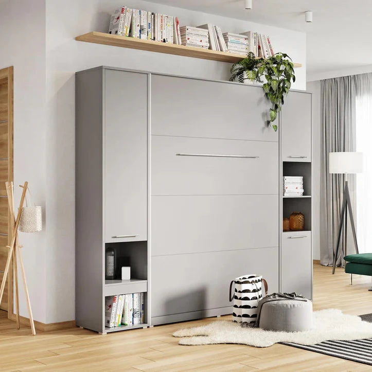 CP-01 Vertical Wooden Wall Double Bed with Storage Cabinets in Matt Grey 140cm