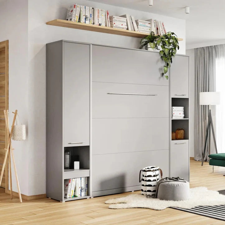 CP-02 Vertical Wooden Wall Small Double Bed with Storage Cabinet in Matt Grey 120cm