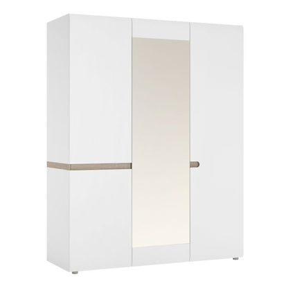 Chelsea 3 Doors Wardrobe with Mirror in White with an Truffle Oak Trim