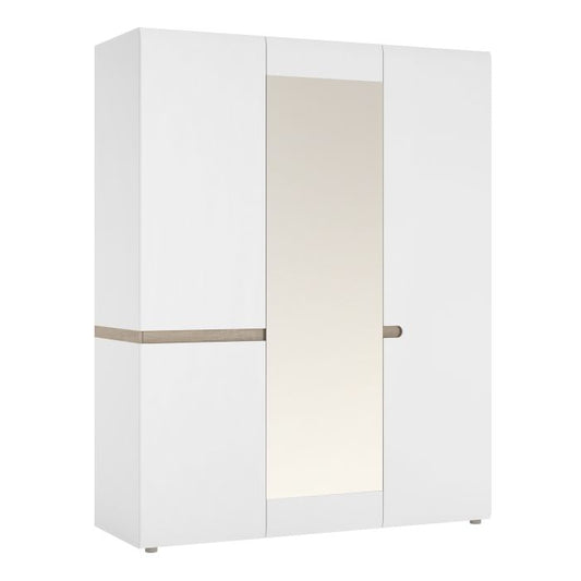 Chelsea 3 Doors Wardrobe with Mirror in White with an Truffle Oak Trim