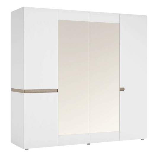 Chelsea 4 Door Wardrobe with Mirrors in White with an Truffle Oak Trim