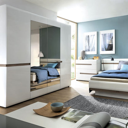 Chelsea 4 Door Wardrobe with Mirrors in White with an Truffle Oak Trim