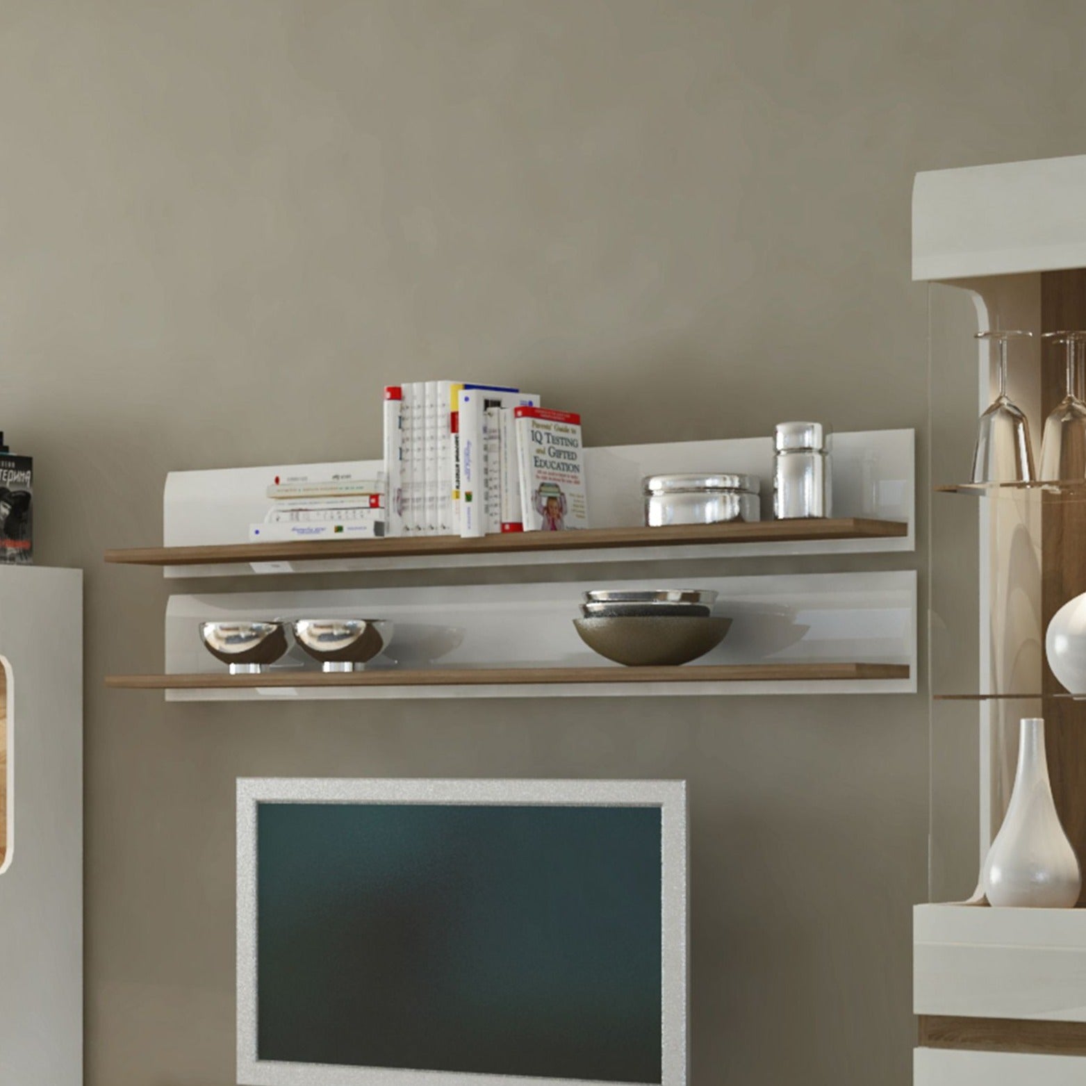 Chelsea Living Wall Shelf in white with an Truffle Oak Trim