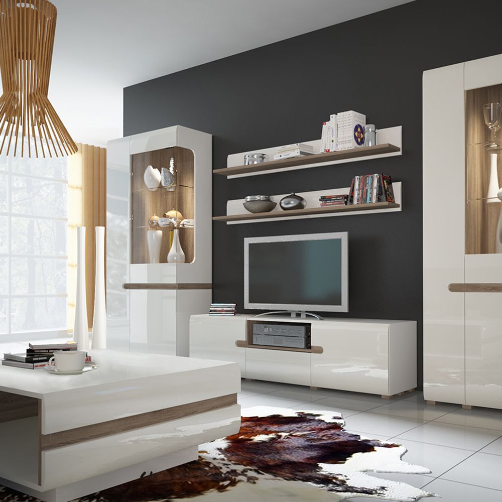 Chelsea Living Tall Glazed Narrow Display unit (LHD) in white with an Truffle Oak Trim