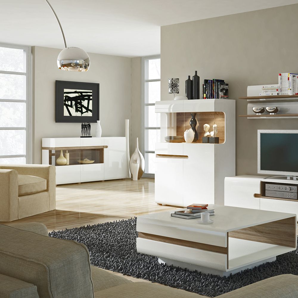 Chelsea Living 3 Door Glazed Sideboard in white with an Truffle Oak Trim