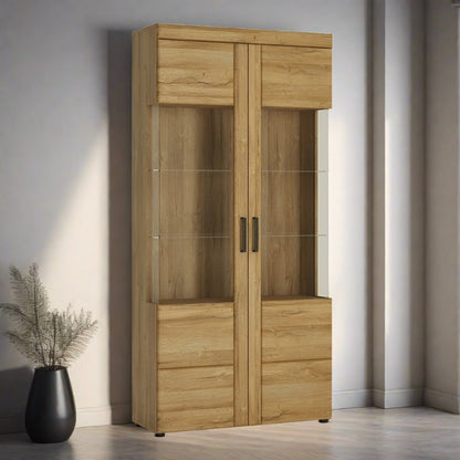 Cortina Tall Wide 2 Doors Display Cabinet in Grandson Oak