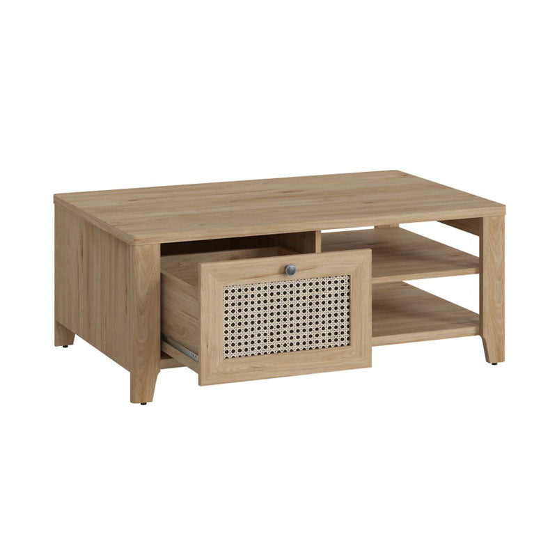 Cestino Coffee Table with 1 Drawer in Jackson Hickory Oak and Rattan Effect