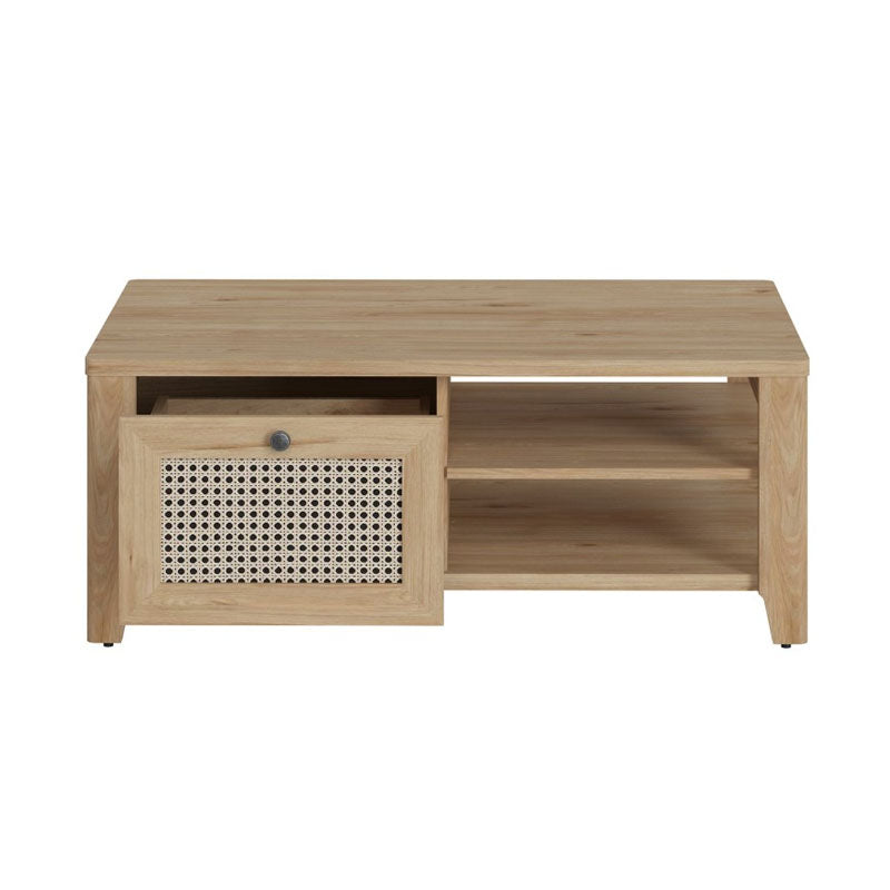 Cestino Coffee Table with 1 Drawer in Jackson Hickory Oak and Rattan Effect