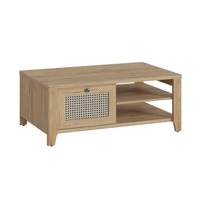 Cestino Coffee Table with 1 Drawer in Jackson Hickory Oak and Rattan Effect - Furniture One Shop