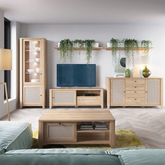 Cestino 2 Door 1 Drawer TV Stand in Jackson Hickory Oak and Rattan Effect