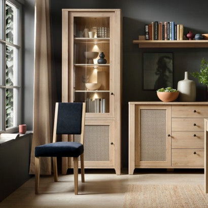 Cestino 2 Door Display Cabinet in Jackson Hickory Oak and Rattan Effect - Furniture One Shop