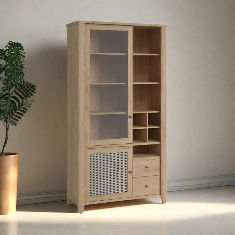 Cestino 2 Door 2 Drawer Display Cabinet in Jackson Hickory Oak and Rattan Effect