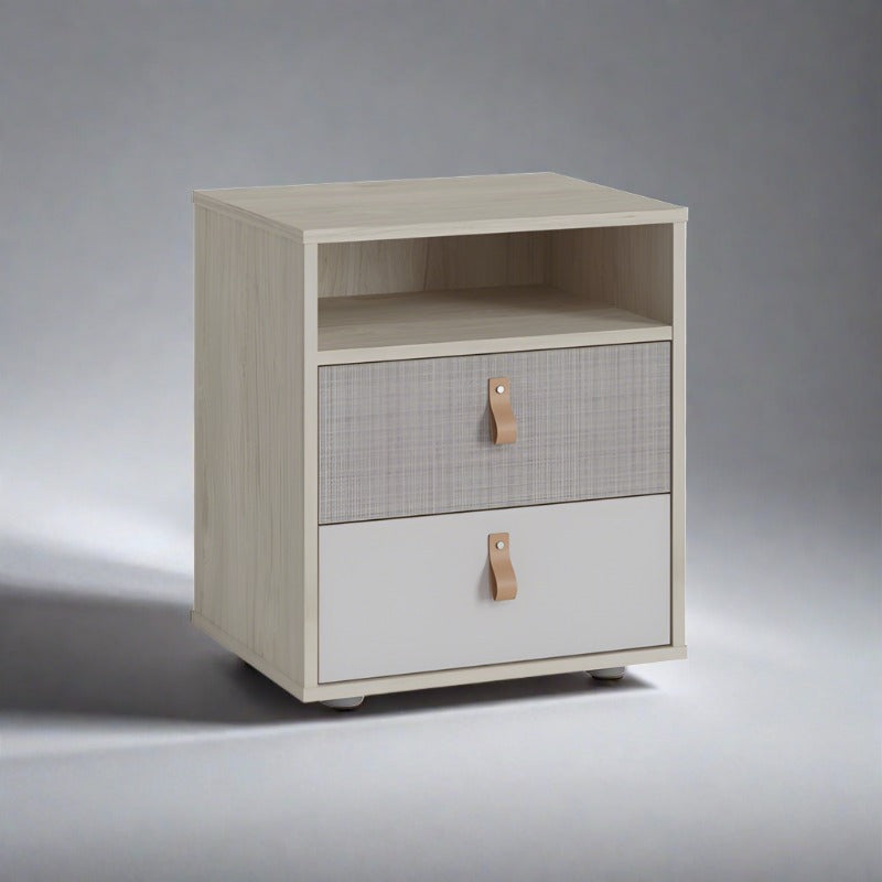 Denim 2 Drawer Bedside Cabinet in Light Walnut, Grey Fabric Effect and Cashmere