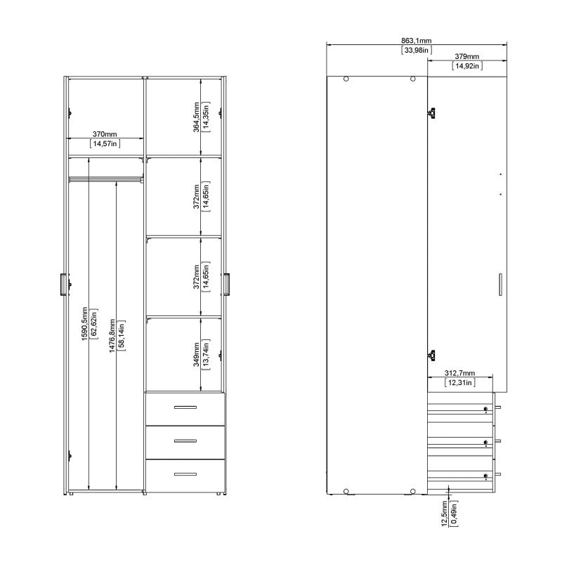 Space Wooden Wardrobe 2 Doors 3 Drawers in Oak