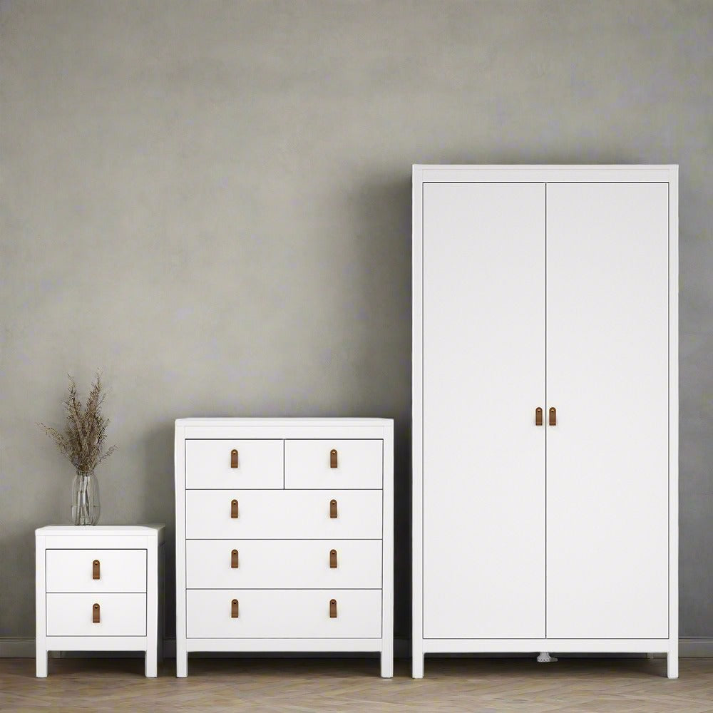 Barcelona Package - Bedside Table 2 drawers + Chest 3+2 drawer + Wardrobe with 2 doors in White