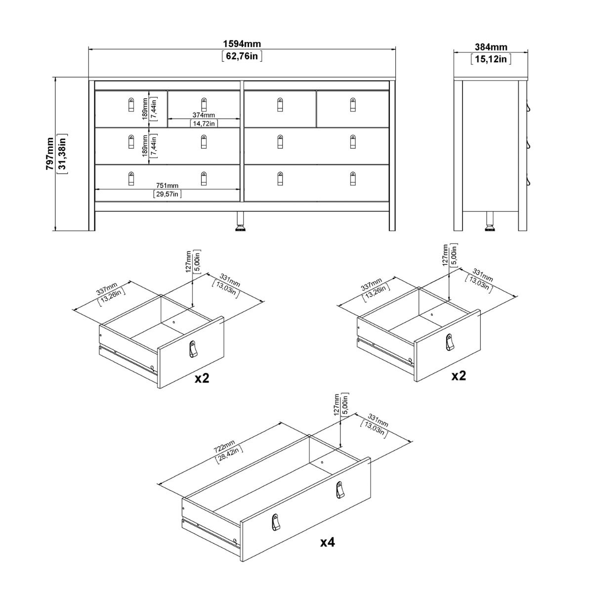 Barcelona Double Dresser 4+4 Drawers in Matt Black