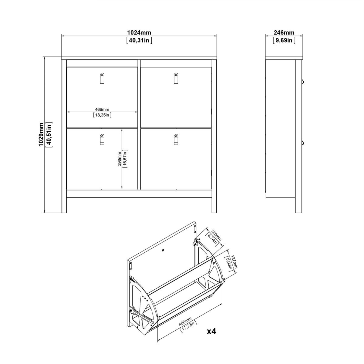 Barcelona Shoe Cabinet 4 Flip Down Doors in Matt Black