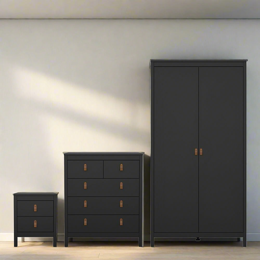 Barcelona Package - Bedside Table 2 drawers + Chest 3+2 drawer + Wardrobe with 2 doors in Matt Black