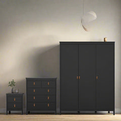 Barcelona Package - Bedside Table 2 drawers + Chest 3+2 drawer + Wardrobe with 3 doors in Matt Black - Furniture One Shop