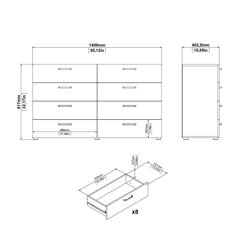 Dallaz Double Dresser 8 Drawers in Rovere Gessato Dark Oak