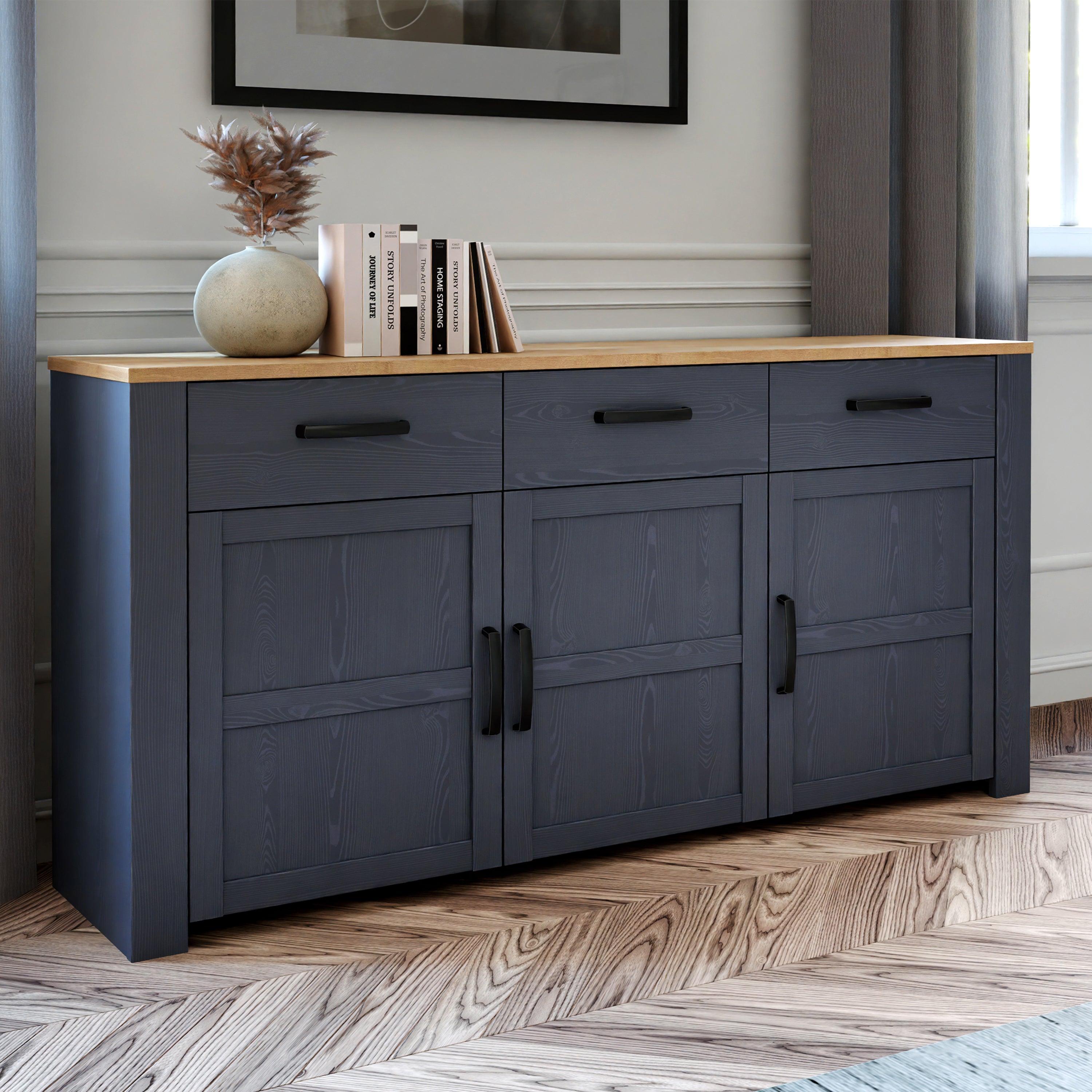 Bohol 3 Door 3 Drawer Sideboard in Riviera Oak/Navy