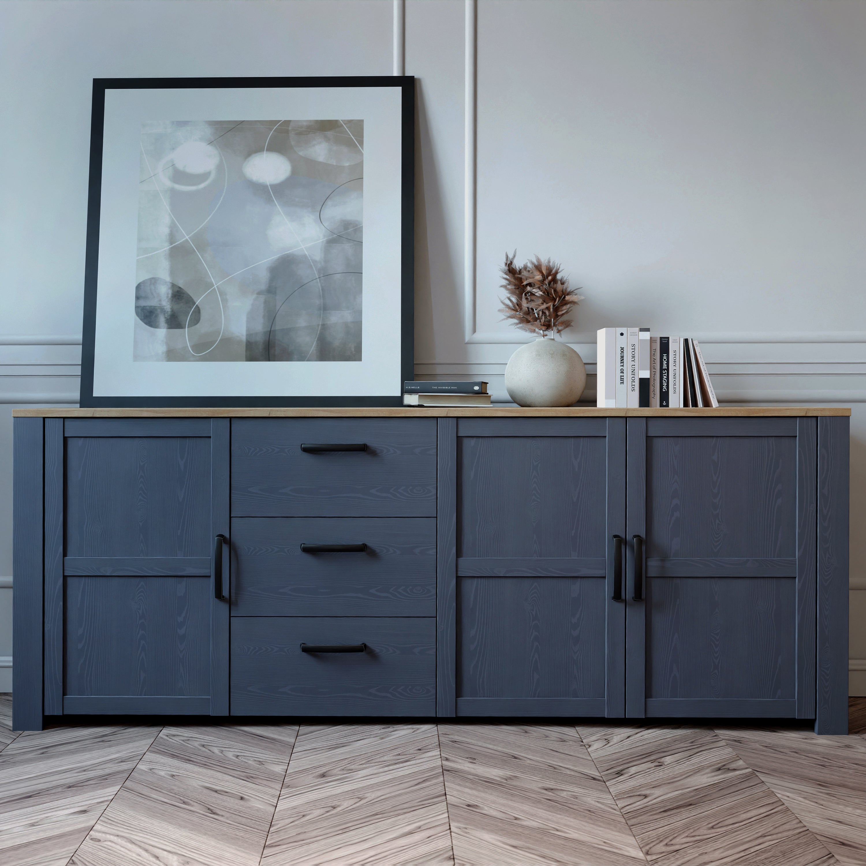 Bohol 3 Door 3 Drawer Large Sideboard in Riviera Oak/Navy