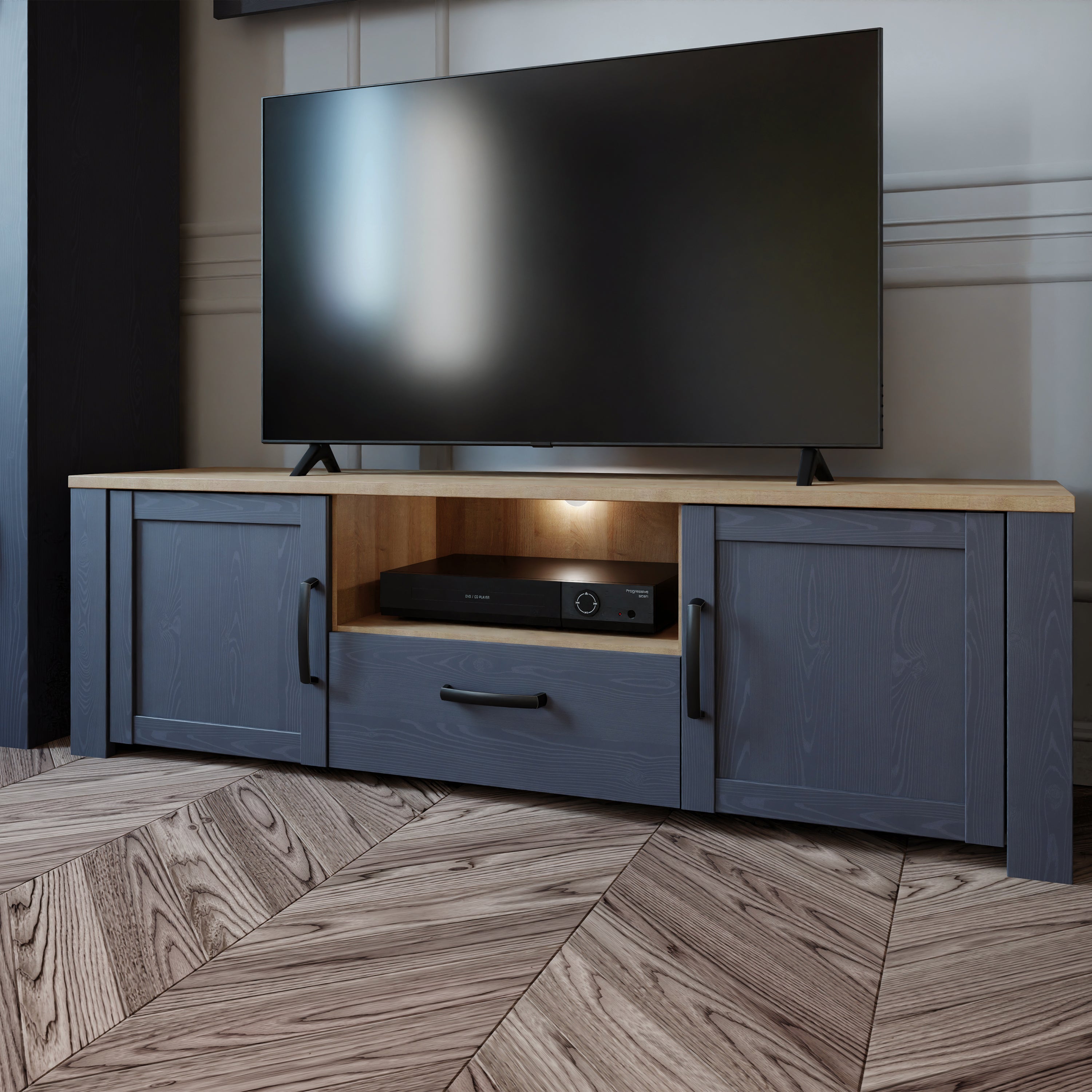 Bohol 2 Door 1 Drawer TV Unit in Riviera Oak/Navy