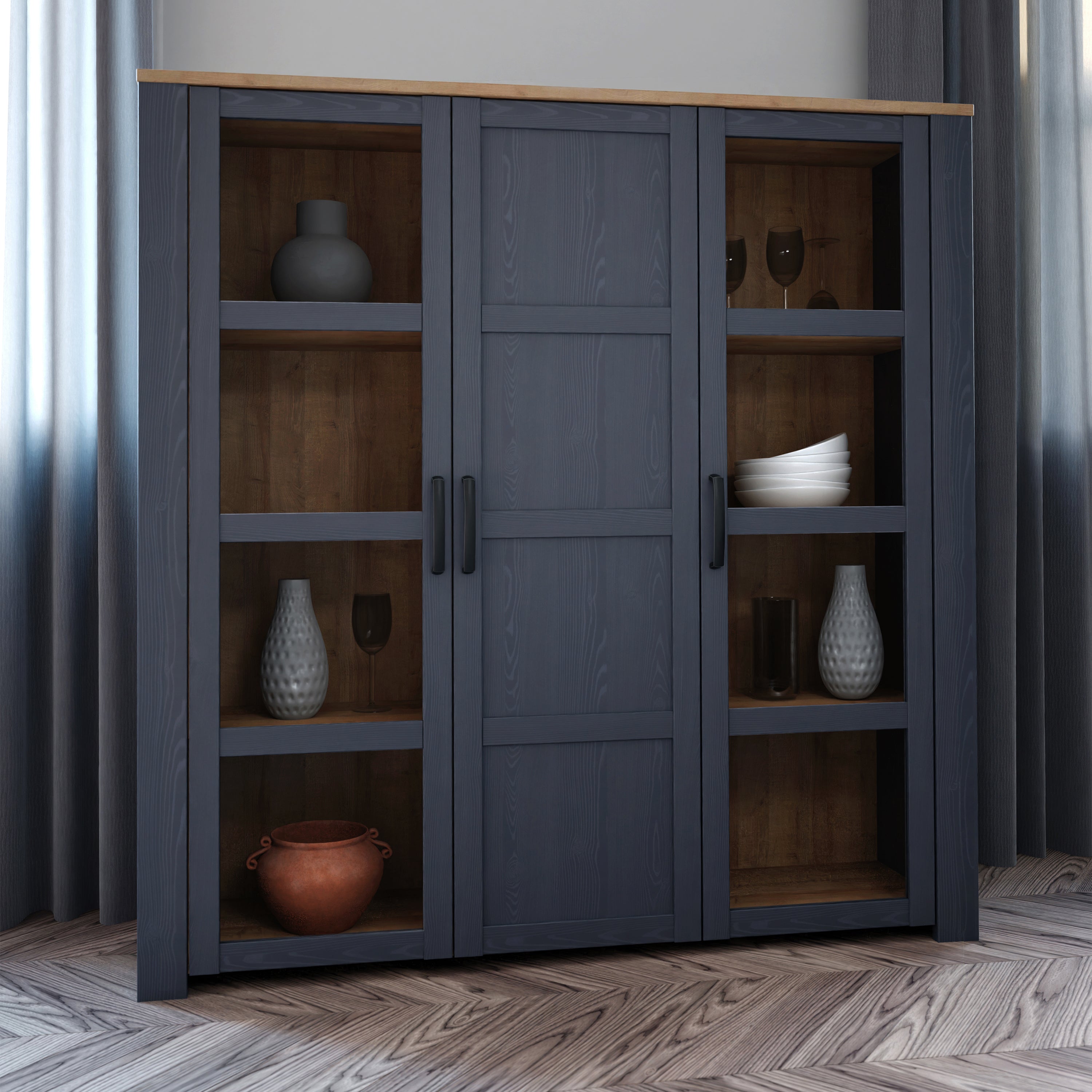 Bohol 3 Door Large Display Cabinet in Riviera Oak/Navy