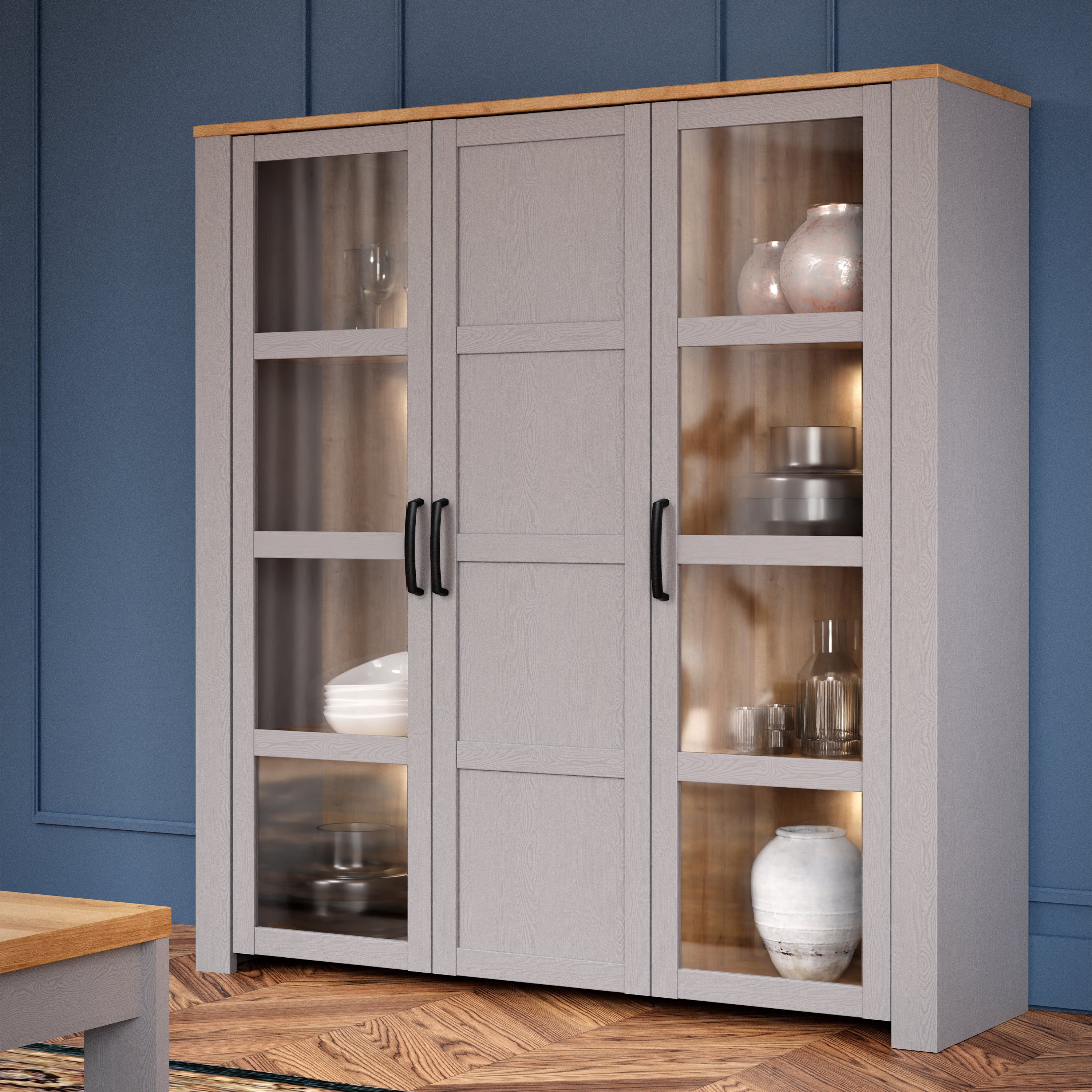 Bohol 3 Door Large Display Cabinet in Riviera Oak/Grey