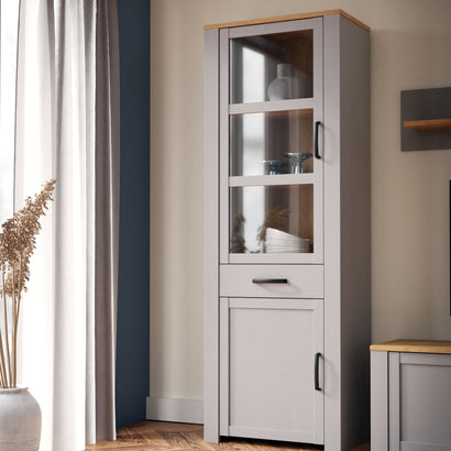 Bohol 2 Door 1 Drawer Narrow Display Cabinet in Riviera Oak/Grey Oak - Furniture One Shop