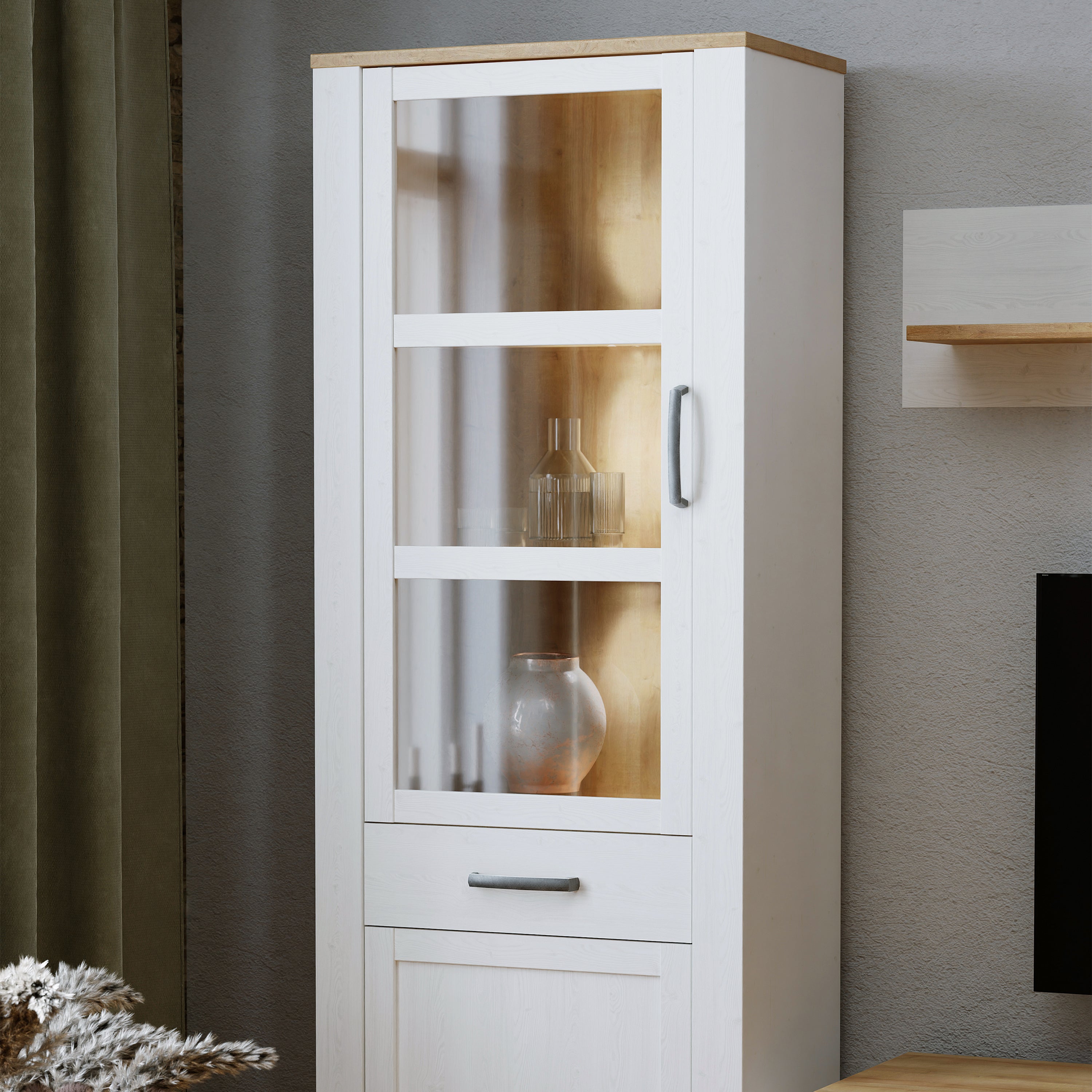 Bohol 2 Door 1 Drawer Narrow Display Cabinet in Riviera Oak/White