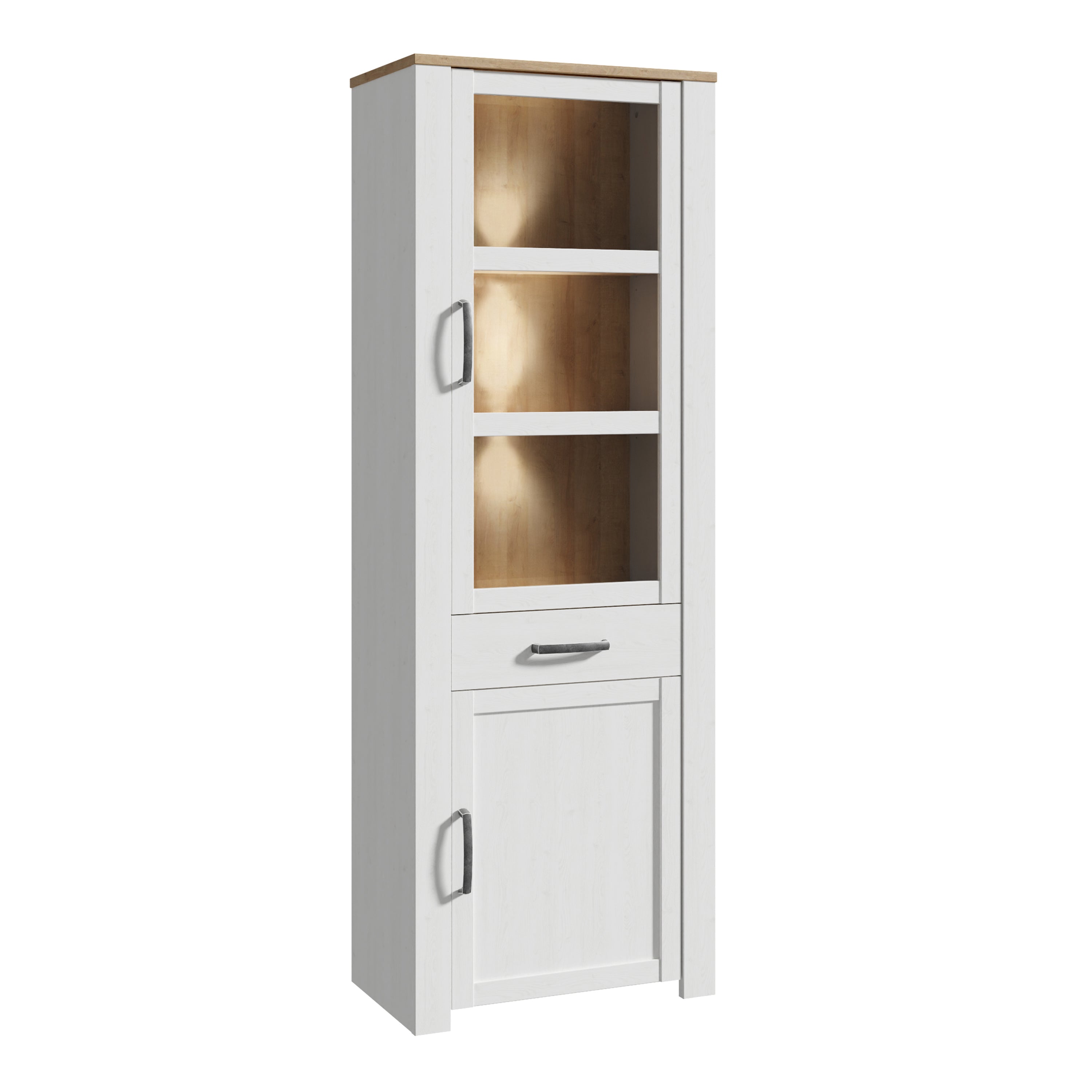 Bohol 2 Door 1 Drawer Narrow Display Cabinet in Riviera Oak/White